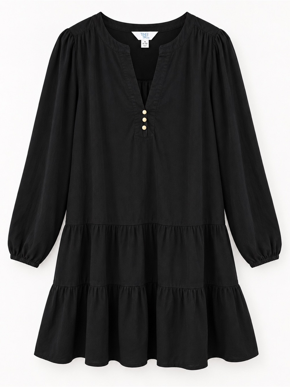 Time and Tru Black Tiered Babydoll Dress Size M 8–10 Gold Buttons Boho